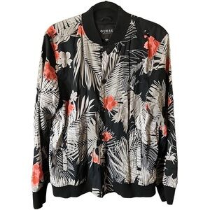 Guess Women’s Black White Floral Hibiscus Tropical Zip-Up Bomber Jacket Sz M